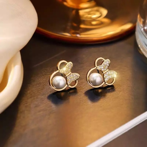 "Love You For Ears & Ears" Minnie Mouse Disney Gold Diamond Pearl Cute Earrings - Picture 6 of 8
